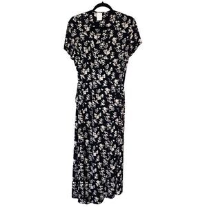 Vintage 90's Old Navy Wrap Maxi Dress 12 Navy Tan Floral Cottagecore